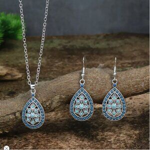 Teardrop Turquoise & Blue Enamel Pendant Necklace & Earrings Set Boho Style